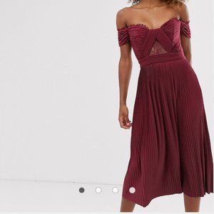 ASOS DESIGN premium lace and pleat bardot midi dress oxblood red off shoulder